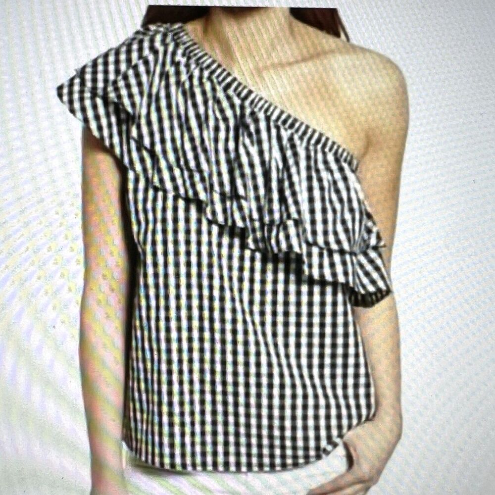 Halogen Women's One Shoulder Ruffle Accent Gingham Top Size Large Black & White - Picture 2 of 11